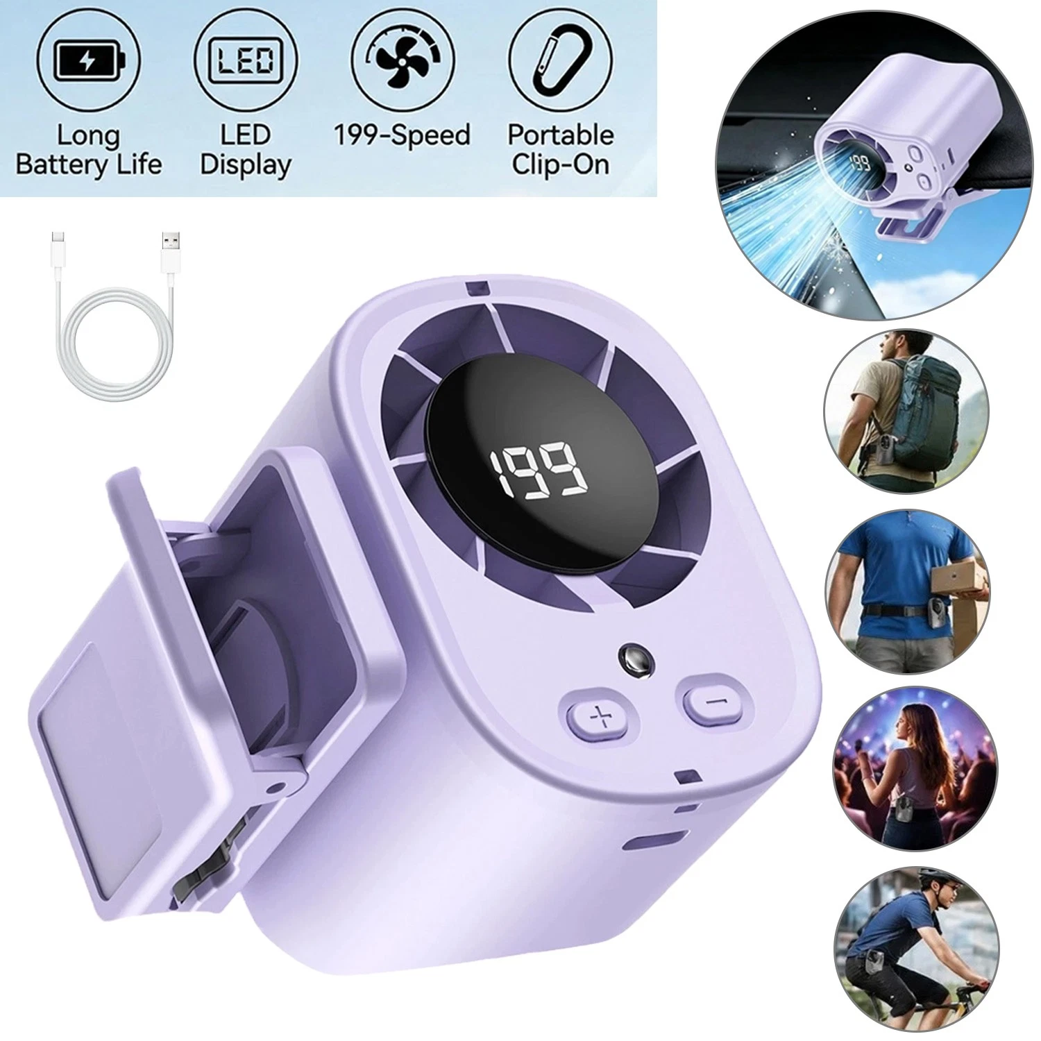 Portable Clip on Air Conditioner Fan for Car 199 Speeds Mini Cooling Fans w/LED